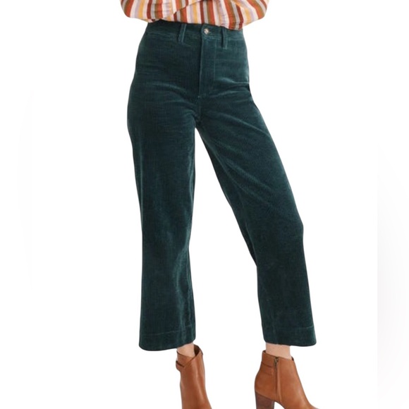 Madewell "Slim Emmett" Smokey Spruce Green Wide Wale Corduroy Wide-Leg Crop Pant - Picture 1 of 9